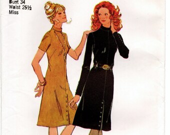 Size 12 Vintage 70s Roll Collar Dress w/ Front Button Detail, Uncut Sewing Pattern