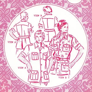 May include: A sewing pattern for a shirt with three different views. The pattern is from Patterns Pacifica and is size M. The pattern is pink and white with a floral design.