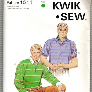 May include: A vintage Kwik Sew sewing pattern for a king-size shirt, pattern 1511. The cover features illustrations of two men wearing polo shirts. One shirt is green with yellow stripes, and the other is purple with blue stripes. Chest sizes are 50-52-54-56 inches.