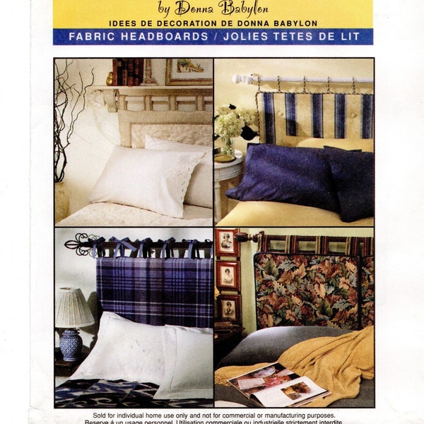 Padded Fabric Headboards, 4 Variations w/ Tabs or Ties Hang on Curtain Rods, Uncut Sewing Pattern