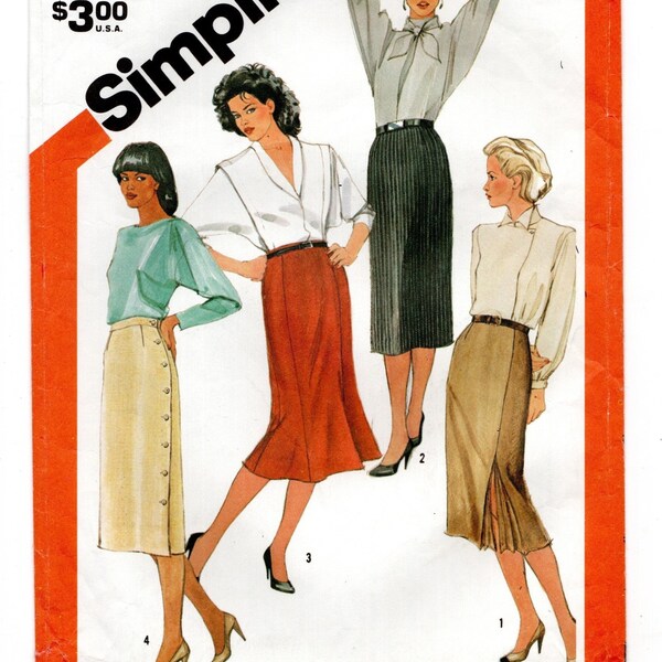 Size 10, Waist 25", Set of 4 Skirts: Side Kick Pleat, Side Buttons, Petal & Straight Cut, Pre-Cut Sewing Pattern
