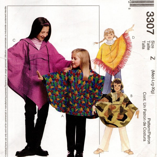 Size M L XL Childrens Ponchos w/ Hood & Pocket Option, Shaped Hemline, Pull-on Pants Included, Uncut Sewing Pattern