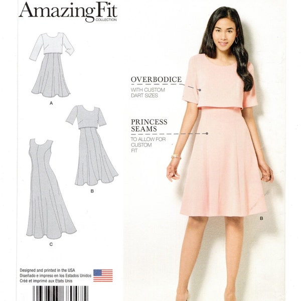 Size 14-22 Princess Seam Dress w/ B,C,D & DD Bust Pattern, Attached Bodice Overlay Option, 3 Lengths, Uncut Sewing Pattern