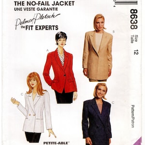 May include: McCall's sewing pattern for a no-fail jacket. The pattern features illustrations of jackets in red, tan, white, and navy blue. The size is 12. The text on the pattern reads "The No-Fail Jacket" and "Petite-Able".