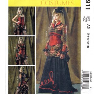 May include: A sewing pattern for a women's costume. The pattern is for a Victorian-style dress with a corset top and a long skirt. The pattern is for sizes 6-8-10-12-14. The pattern is called McCall's Costumes M6911.