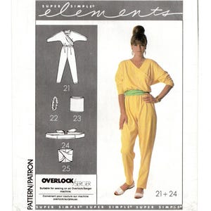 May include: A Simplicity sewing pattern envelope for a yellow jumpsuit with a wrap-style bodice and long sleeves. The pattern includes instructions for a matching belt, headband, and wristband. The cover features a model wearing the finished yellow jumpsuit with a light green waist sash and white sandals.