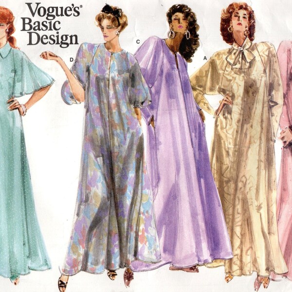 Size P S M, 6-14, Vogue Caftan, Full Length, Collar & Sleeve Options, Pre-Cut Sewing Pattern, 1980s