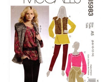 Size 6-14 Lined Faux Fur Vest in 2 Lengths, Top, Tunic & Back Zipped Pants, Uncut Sewing Pattern