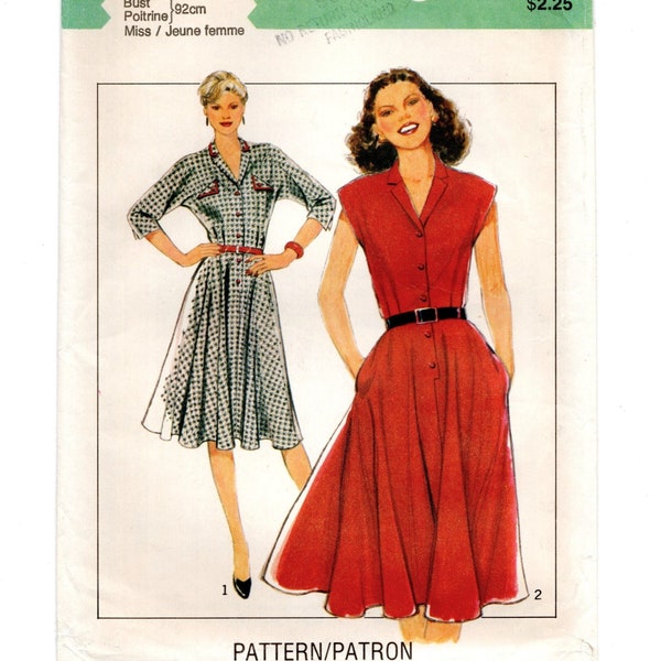 Size 14 Dress w/ Dolman or Cap Sleeves, Front Buttons, Trim Option, Uncut Sewing Pattern