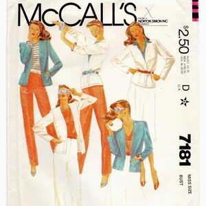 May include: McCall's sewing pattern featuring illustrations of women's fashion designs. The designs include blazers, pants, and skirts in various colors. The pattern number is 7181, with a bust size of 32 1/2 inches.