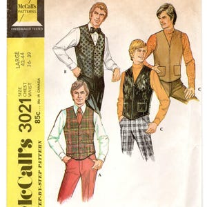May include: Vintage McCall's 3021 sewing pattern for a set of vests. The pattern features illustrations of vests in various styles, including plaid, dotted, and solid designs. The pattern size is large, with chest sizes 42-44 and waist sizes 36-39.