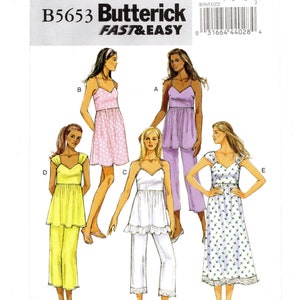 May include: A Butterick B5653 sewing pattern featuring sleepwear designs. The pattern includes options for a pink polka dot dress, a lavender top and pants set, a white top and pants set, a yellow top and pants set, and a floral print dress.