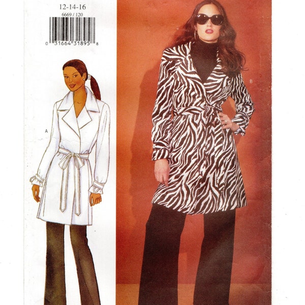 Size 12-16 Lined Wrap Coat, Princess Seams, Belted w/ Carrier, 2 Lengths, Uncut Sewing Pattern