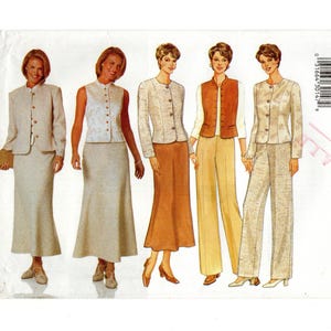 May include: A Butterick sewing pattern featuring illustrations of women's wardrobe separates. The designs include a skirt suit, a sleeveless top and skirt, a jacket and skirt, a vest and pants, and a pants suit. The pattern is labeled "Today's Wardrobe".