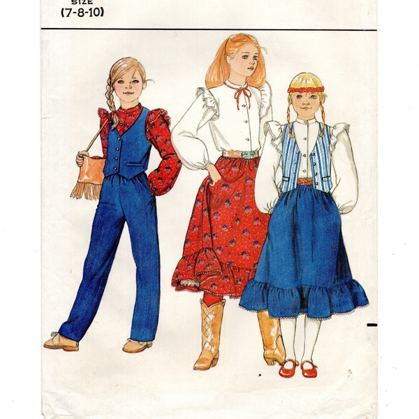 Size 7 8 10 Girls Blouse & Ruffled Prairie Skirt w/ Vest and Pants Cut to Size 7, Vintage Sewing Pattern