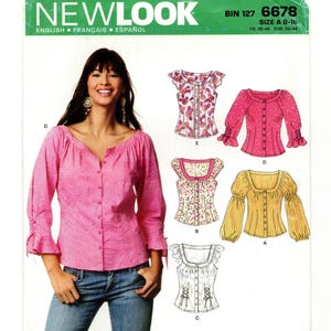 May include: New Look sewing pattern 6678 for a button-front blouse with various sleeve and neckline options. The envelope displays a pink eyelet blouse, along with illustrations of five different blouse variations in pink, yellow, and white patterns.