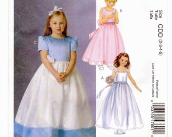 Size 2-5 Girls Long Dresses, Lined, Sleeve & Neckline Options, Uncut Sewing Pattern