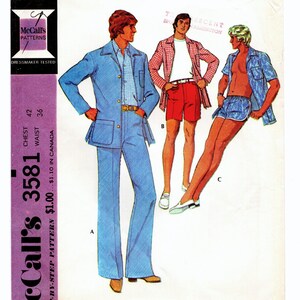 May include: Vintage McCall's pattern 3581 featuring illustrations of men's patio jackets, pants, walking shorts, and swim trunks. The pattern includes a blue suit, red shorts, and a blue patterned shirt and shorts. The pattern is for chest size 42 and waist size 36.