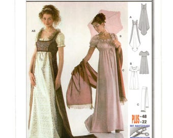 Patrón de costura sin cortar para vestido "Josephine" de corte imperio, tallas 10-22, con sobrevestido y chal.