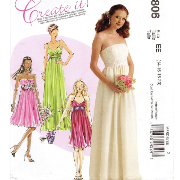 Size 14-20 Lined Dress w/ DIY Bodice Details, Straps or Strapless, 2 Lengths, Uncut Sewing Pattern