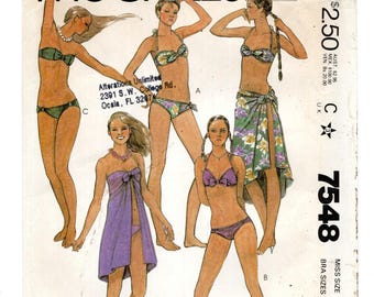 Size 8-12 Bikini Tops + Size 10 Bottoms w/ Wrap Cover-Up, Pre-Cut Sewing Pattern
