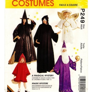 May include: McCall's Easy to Sew Costumes pattern P249 for adults and children. Features illustrations of a black witch costume, a black hooded robe, a white angel costume with gold wings, a red hooded cape, and a purple wizard robe with gold stars.