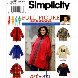 May include: Simplicity sewing pattern 8267 for full figure jackets in size FF 18W-24W. The envelope displays illustrations of six jacket variations including red, blue, plaid, and floral designs, plus a back view with a moose and tree graphic.