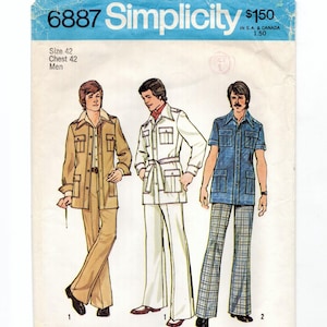 May include: Simplicity sewing pattern 6887 featuring three men's outfits. The pattern includes a tan jacket and pants, a white jacket and pants with a belt, and a blue shirt with plaid pants. The pattern size is 42, chest 42.