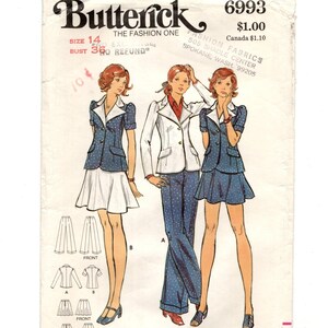 Size 14 Vtg 70s Jacket or Top w/ Wide Lapels, Mini or Above Knee Skirt & Stove Pipe Pants, Uncut Sewing Pattern