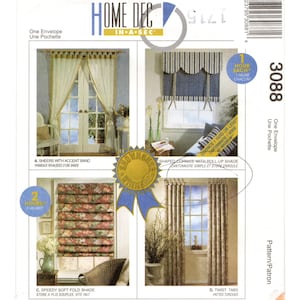 May include: A Home Dec In-A-Sec sewing pattern envelope 3088 featuring four window treatment designs: sheer curtains with accent bands, a shaped cornice with a roll-up shade, a floral soft fold shade, and curtains with twist tab headers.