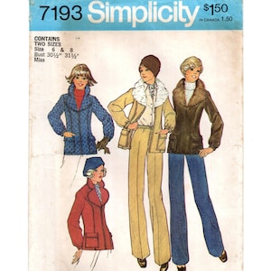 May include: Simplicity sewing pattern 7193 for miss sizes 6 and 8 with a 30.5 and 31.5 inch bust. The envelope features illustrations of four outfits including a blue quilted jacket, a tan jacket with a white fur collar, and a dark brown jacket.
