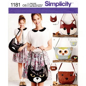 May include: Simplicity pattern 1181 features several animal-shaped purses. The purses include a black cat, a fox, an owl, and a bear. The pattern is designed and printed in the USA. The purses are one size.