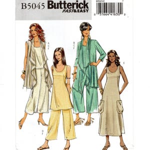 May include: Butterick B5045 sewing pattern featuring various women's clothing designs. The pattern includes options for a sleeveless top, pants, a long dress with pockets, and a long-sleeved jacket. The pattern is labeled as "Fast & Easy."