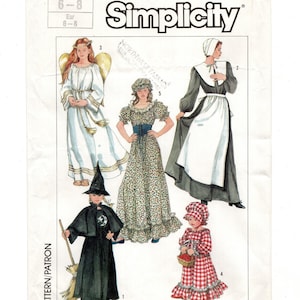 Size 6-8 Girls Costumes: Prairie Dress w/ Bonnet, Pilgrim, Witch & Angel, Pre-Cut Sewing Pattern, 1980s