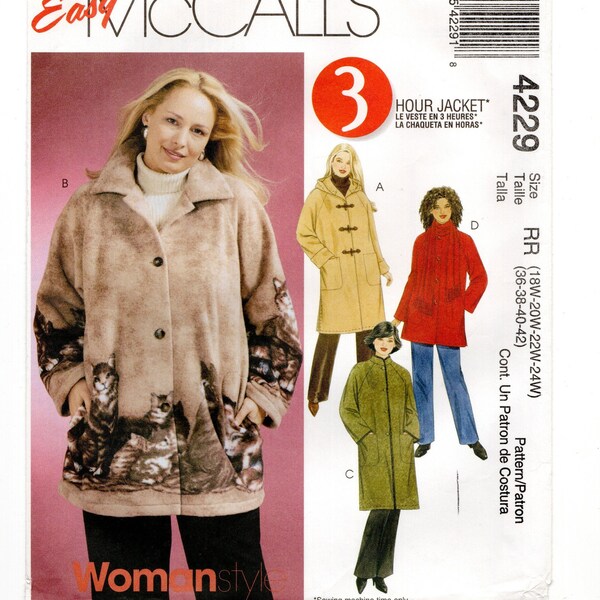 Plus Size 18-24W Jackets w/ Easy Raglan Sleeve, Unlined, 2 Lengths, Hood Option, Uncut Sewing Pattern