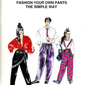 May include: A book cover titled FASHION YOUR OWN PANTS THE SIMPLE WAY BY CONNIE AMADEN-CRAWFORD. The illustration features three figures wearing various pants: one in black with fringe, one in purple, and one in pink with blue polka dots.