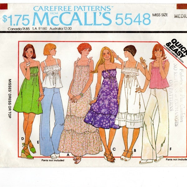 Size M 14-16 Peasant Dress in 3 Lengths, or Top, Straps or Strapless, Pre-Cut Vintage Sewing Pattern