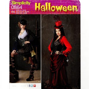 May include: Simplicity 0864 Halloween costume pattern. The pattern features two women in steampunk-inspired outfits. One outfit is black and brown, and the other is red and black. The pattern size is U.S. 14-22.