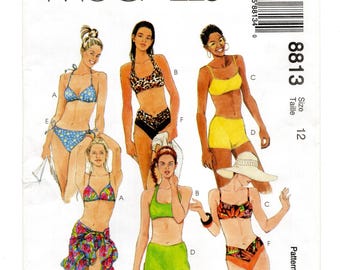 Size 12 Two-Piece Swimsuits w/ Top in 2 Bra Sizes, Bottoms, Boy Shorts + Sarong, Uncut Sewing Pattern