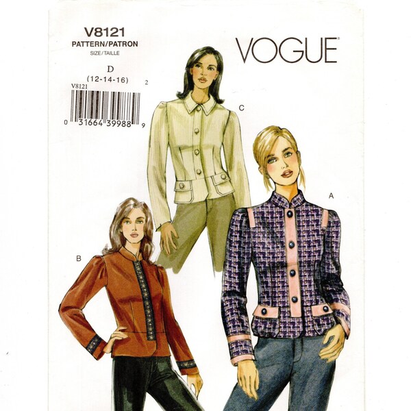 Size 12-16 Lined Jackets w/ Peplum, Close Fitting, Puff Sleeve, Collar Options, Uncut Vogue Sewing Pattern