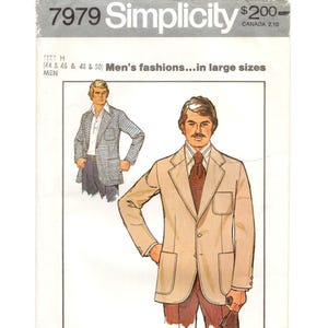 May include: Simplicity pattern 7979 featuring illustrations of men's fashions in large sizes. The cover includes a drawing of a man wearing a tan blazer with a brown tie and a second man in a plaid jacket. The pattern sizes are H (44, 46, 48, & 50) and K (50, 52, 54, & 56).