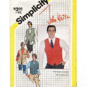 May include: A Simplicity 9793 sewing pattern envelope featuring John Weitz designs. The cover displays illustrations of vests and a photograph of a person wearing a red vest over a white dress shirt and tie, set against a white grid background.