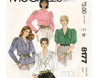 Size 10 Blouses, Neckline/Button Options, Gathered Cap Sleeve, Uncut Sewing Pattern, 1980s
