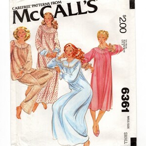 May include: Vintage McCall's sewing pattern featuring illustrations of women's sleepwear. The pattern includes designs for pajamas and nightgowns in various styles and colors, including pink, blue, and patterned options. The pattern number is 6361, and the size is small.