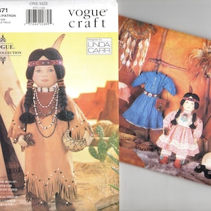 May include: Vogue Craft doll pattern featuring a Native American doll with long braids, a beaded necklace, and fringed clothing. The pattern includes instructions and a full-color iron-on transfer. Designed by Linda Carr.