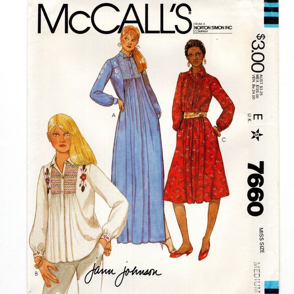 Size M 14-16 Dresses or Top, Front Smocked or Gathered, Long Sleeves, Uncut Sewing Pattern w/ Embroidery Transfers