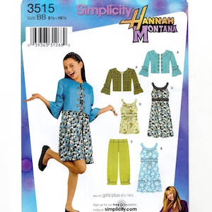 May include: Simplicity sewing pattern featuring Hannah Montana designs. The pattern includes options for dresses, jackets, and pants. The image shows a girl wearing a dress and jacket from the pattern. The pattern size is BB 8 1/2-16 1/2.