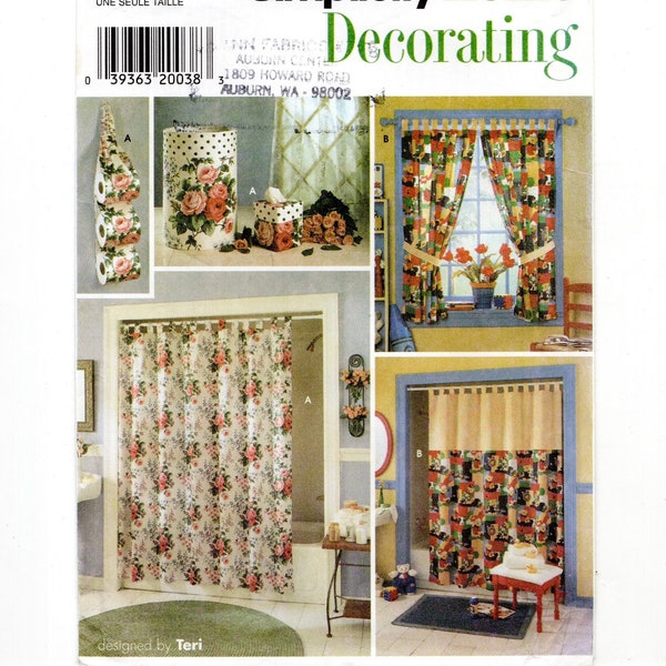 Tab Top Shower & Window Curtains w/ Bath Accessories, Uncut Sewing Pattern