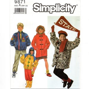 May include: Simplicity sewing pattern 9871 size A (SM-LG) featuring illustrations of four outerwear styles: a blue zip-up jacket, a yellow and blue hooded jacket, a red toggle coat, and a leopard print faux fur coat with a red pennant flag.