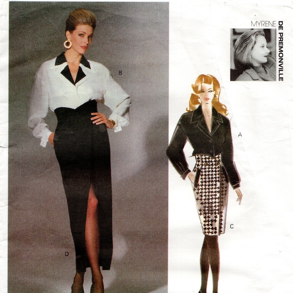 Size 6-8-10 Shaped, High Waist Skirt in 2 Lengths w/ Long Sleeve Blouse, Uncut Sewing Pattern, 90s Vogue